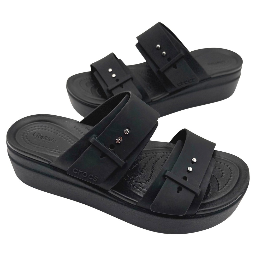 Crocs Brooklyn Buckle Low Wedge Sandal LiteRide Black Womens 9 Adjustable Straps